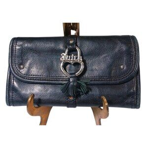 Vtg 90s Y2K Juicy Couture Black Leather Stud Tassel Bifold Wallet Silver Heart